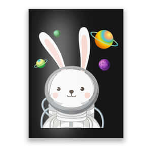 一隻穿著太空衣的卡通兔子在色彩繽紛的行星之間漂浮。 — 1:1 壁紙