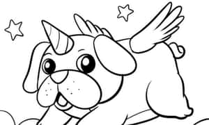 一隻長有翅膀和獨角獸角、被星星環繞的飛行八哥犬。 — 可愛小狗 壁紙
