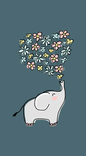 一隻微笑的卡通大象呼出一個由花朵組成的心形。 — 可愛的動漫角色 壁紙