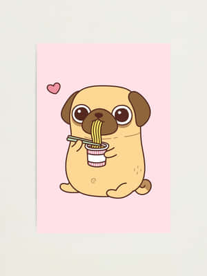 一隻卡通巴哥犬用筷子從杯子裡吃麵條，頭頂上有一個愛心。 — 狗狗藝術 壁紙