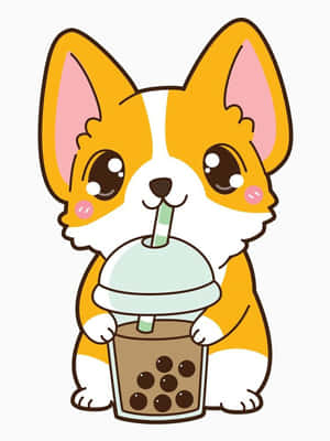 一隻卡通柯基犬捧著一杯珍珠奶茶在喝。 — Kindle 壁紙