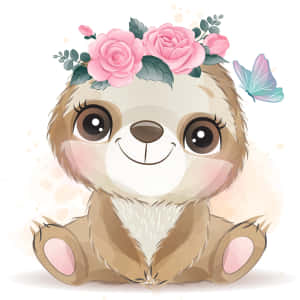 一隻微笑的卡通樹懶，戴著粉紅色花冠，旁邊有蝴蝶。 — iPad 第10代 壁紙