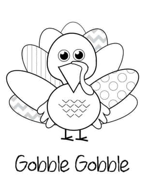 黑白火雞著色頁，帶有圖案羽毛和 'Gobble Gobble' 文字。 — 可愛感恩節 壁紙