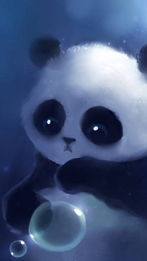 一隻卡通熊貓在藍色夢幻場景中拿著一個發光的泡泡。 — 可愛熊貓 壁紙