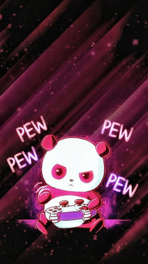 一隻卡通熊貓在宇宙紫色環境中玩電子遊戲，帶有「PEW PEW」文字。 — 可愛的動漫角色 壁紙
