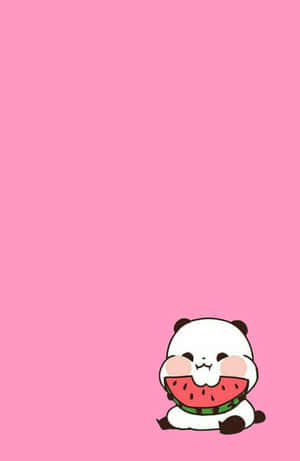 一隻卡通熊貓在粉紅色背景上享用一片西瓜。 — 熊貓 GIF 壁紙