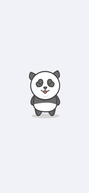 一隻黑白毛髮的快樂卡通熊貓，在淺灰色背景上微笑。 — 白色 iPhone 壁紙