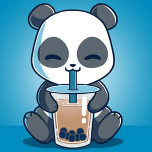 一隻卡通熊貓用吸管開心地喝珍珠奶茶。 — 卡通 壁紙