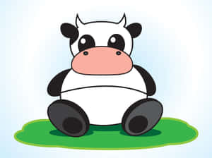 一隻卡通牛坐在綠色草地上，背景是藍色。 — 乳牛動圖 壁紙