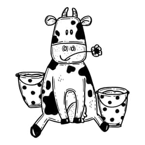 一隻微笑的卡通牛，拿著兩個有黑色斑點的牛奶桶。 — 乳牛花紋 壁紙