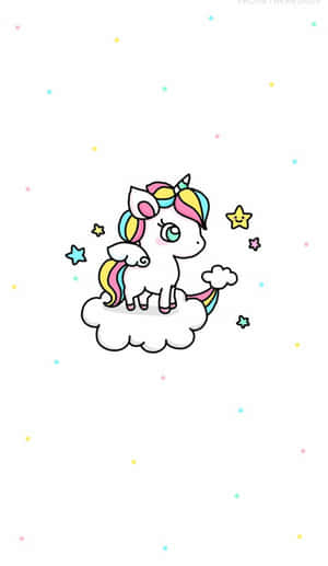 一隻擁有彩虹毛髮的卡通獨角獸站在雲上，周圍有微笑的星星。 — Galaxy Tab A 壁紙