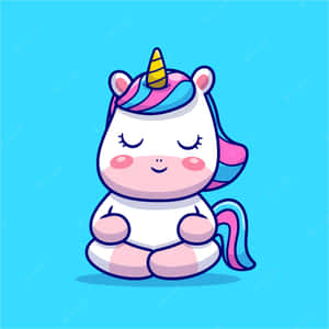 一隻微笑的卡通獨角獸閉著眼睛，帶著彩色鬃毛冥想。 — 可愛美學卡通 壁紙