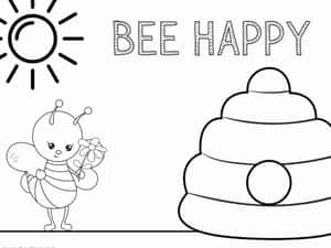 可愛的蜜蜂在太陽下拿著花靠近蜂巢，帶有 'BEE HAPPY' 文字。 — 春天花朵 壁紙