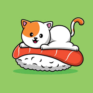 一隻微笑的卡通貓咪躺在一塊鮭魚壽司上休息。 — 動漫貓 壁紙