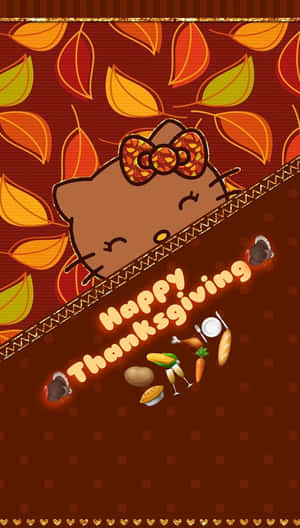 Happy Thanksgiving 卡通貓咪、秋葉和食物圖標，圖案背景。 — Hello Kitty 萬聖節 壁紙
