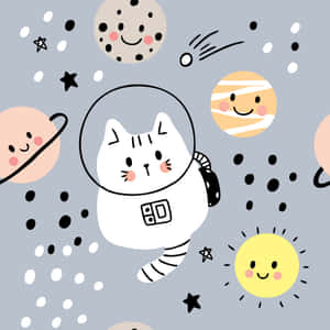 一隻穿著太空衣的卡通貓漂浮在微笑的行星和星星之間。 — iPad Pro 13 壁紙