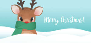可愛卡通馴鹿在雪中戴著綠色圍巾，附有「Merry Christmas!」文字 — 溫馨聖誕氛圍 壁紙