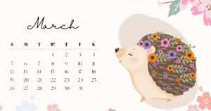 3月日曆，帶有微笑的刺蝟，配有花卉刺和櫻花點綴。 — 三月 壁紙