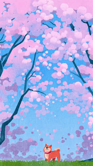 春天盛開的櫻花樹下的一隻小橙色狗。 — 狗狗藝術 壁紙