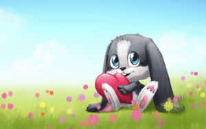 一隻灰色兔子在色彩繽紛的花叢中拿著一顆紅心。 — 2560x1600 壁紙