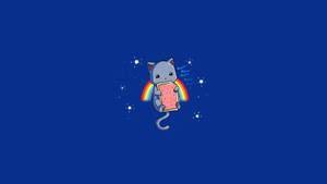 灰色卡通貓，彩虹尾巴，在藍色背景上與星星一起拿著西瓜片 — 搞笑迷因 壁紙