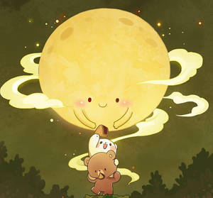 兩隻可愛的動物在繁星點點的夜空中仰望友善發光的月亮。 — 可愛熊 壁紙