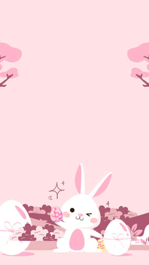 一隻卡通兔子拿著蛋，背景有櫻花樹。 — 兔子 GIF 壁紙