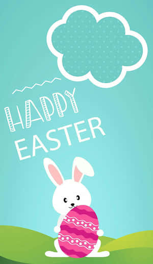 白兔拿著粉紅色復活蛋，帶有「Happy Easter」文字和雲朵。 — 加拿大 iPhone 壁紙