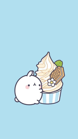 一隻可愛的兔子擁抱著一個有鬆餅和花朵裝飾的杯子蛋糕。 — 杯子蛋糕 壁紙