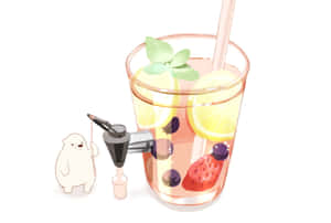 一隻小熊拉動繩子，從水龍頭將水果飲料倒入玻璃杯中。 — Surface Pro 壁紙