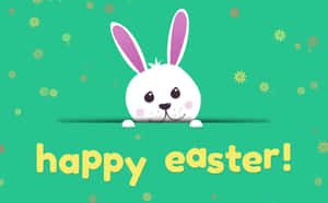 可愛白色兔子，粉紅色耳朵，從綠色邊框上方探頭，有黃色花和happy easter文字。
