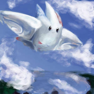 一隻長著翅膀的白色卡通兔在藍天白雲間飛翔。 — 雲朵 GIF 壁紙