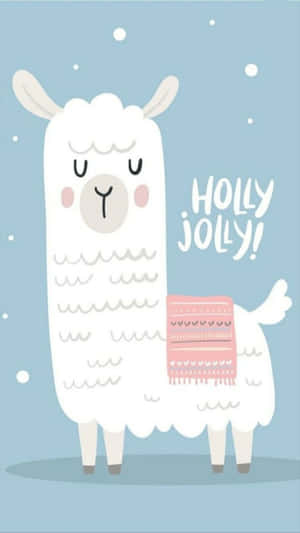 一隻戴著粉紅色圍巾的快樂卡通羊駝，在雪藍色背景上有「HOLLY JOLLY!」文字。 — 仙女美學 壁紙
