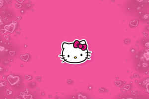 Hello Kitty 戴著粉紅色蝴蝶結，在粉紅色背景上，周圍有漂浮的愛心 — 凱蒂貓 美學 GIF 壁紙