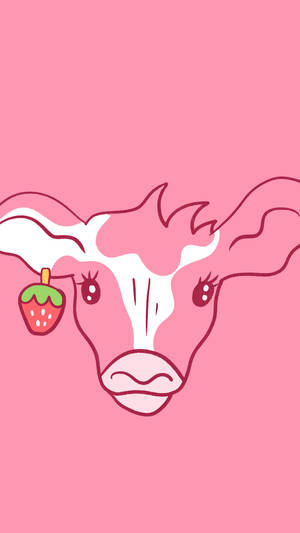 一隻卡通乳牛，戴著草莓耳標，在粉紅色背景上。 — 可愛的牛 壁紙