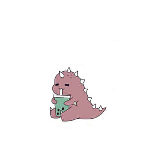 一隻粉紅色卡通恐龍拿著一杯綠色珍珠奶茶和吸管。 — 可愛 壁紙