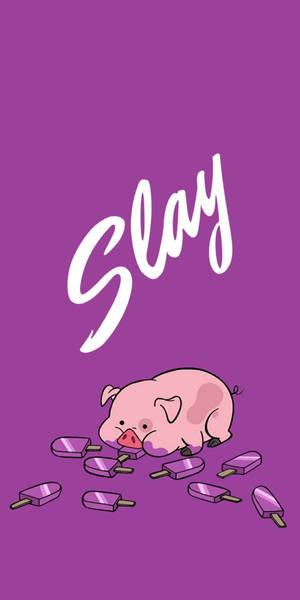 粉紅色卡通豬被紫色冰棒包圍，帶有「Slay」文字。 — 18:9 壁紙