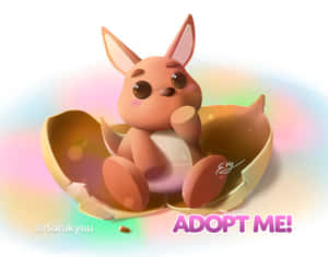 一隻粉紅色卡通袋鼠坐在破蛋中，背景為彩虹，並帶有 adopt me 文字。 — 白兔 壁紙