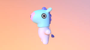 一隻漂浮的3D渲染粉藍色獨角獸，擁有紫色鬃毛和尾巴，背景為蜜桃漸變。 — Shooky Bt21 壁紙