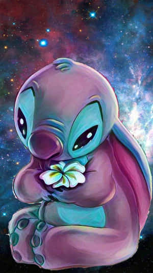 一個紫色外星人在繁星點點的太空背景下拿著一朵白色的花。 — 可愛史迪奇 壁紙