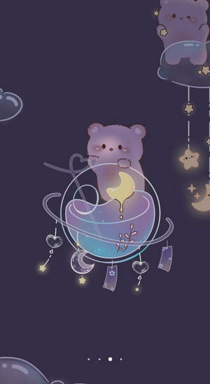 一隻紫色小熊在發光的宇宙茶杯中，周圍漂浮著星星和月亮。 — 可愛熊 壁紙