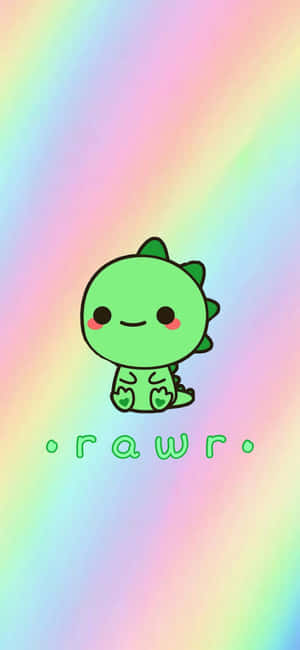 一隻綠色卡通恐龍，有心形腳，在彩虹背景上微笑，帶有 'rawr' 文字。 — 可愛的恐龍 壁紙