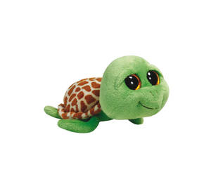 一隻綠色毛絨烏龜，帶有長頸鹿殼和大眼睛，微笑著。 — Beanie Boos 壁紙