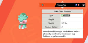 Fomantis，一隻草屬性寶可夢，顯示牠的寶可夢圖鑑統計和描述。 — 卡通 壁紙