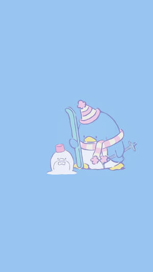 卡通企鵝手持滑雪板，旁邊有一個雪人，背景為藍色。 — 燕尾服山姆 壁紙