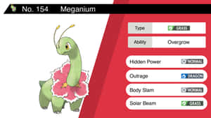 綠色寶可夢Meganium，帶有粉紅色花朵，手持統計卡。 — 電玩遊戲 GIF 壁紙