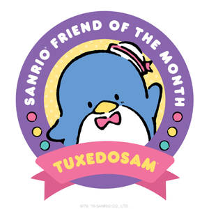 Sanrio角色Tuxedosam在帶有粉紅色絲帶的圓形「Friend of the Month」徽章中。 — 燕尾服山姆 壁紙