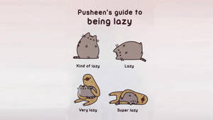 Pusheen 貓咪的四個懶惰姿勢，標籤為「有點懶」、「懶」、「很懶」、「超懶」 — 貓迷因 GIF 壁紙