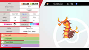 Centiskorch寶可夢等級100，顯示火和蟲屬性能力值。 — 電玩遊戲 GIF 壁紙