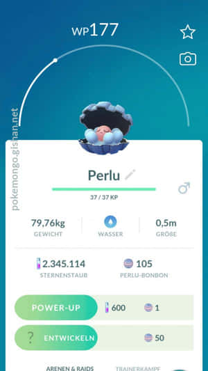 一隻名為Perlu的藍色殼寶可夢在遊戲畫面上，帶有統計數據和強化按鈕。 — 電玩遊戲 GIF 壁紙